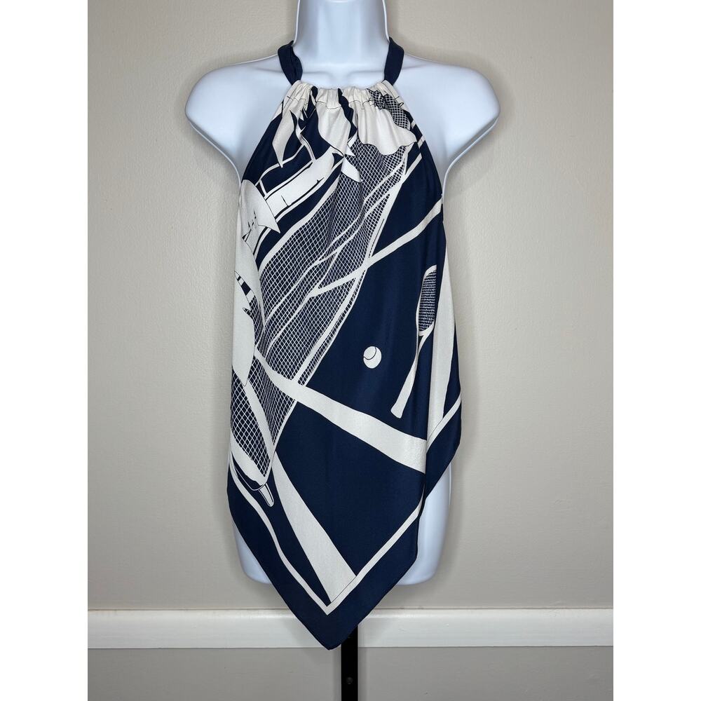 Trina Turk Navy Tennis Print Halter Handkerchief Top Medium - Picture 2 of 8